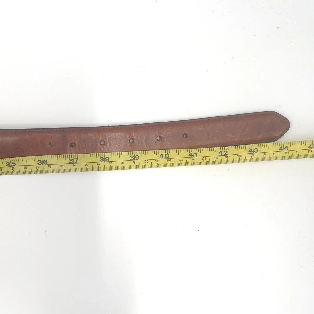 Mens Vintage Leather Belt Brown Oil Tan Cowhide Woven Inlay Solid Brass 40